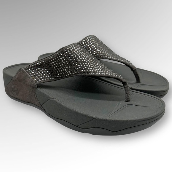 Fitflop Shoes - Fitflop Womens Flare Thong Sandals gray Suede Rhinestone Low Wedge